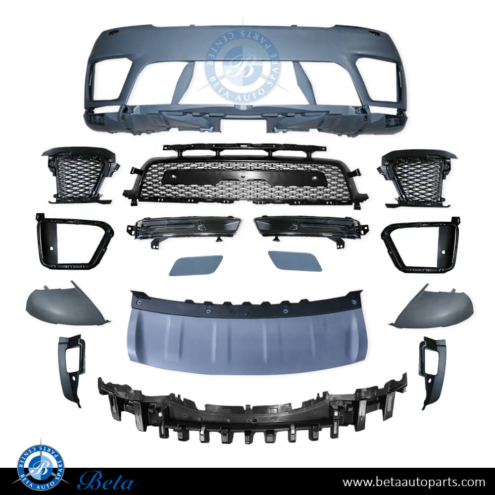 Front bumper assembly with fog lamps, PDC and camera hole for Range Rover Sport 2018-Up models, Part Number LR113285 Front bumper assembly with fog lamps, PDC and camera hole for Range Rover Sport 2018-Up models, Part Number LR113285